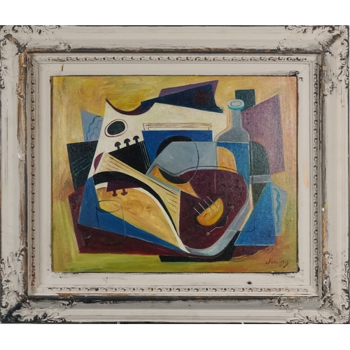 2325 - Manner of Juan Gris - Still life objects and instruments, Cubist school oil on board, framed, 49.5cm... 