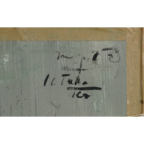 2325 - Manner of Juan Gris - Still life objects and instruments, Cubist school oil on board, framed, 49.5cm... 