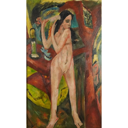 2569 - Manner of E L Kirchner - Standing nude female brushing her hair, German Expressionist school oil on ... 
