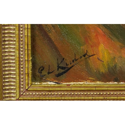 2569 - Manner of E L Kirchner - Standing nude female brushing her hair, German Expressionist school oil on ... 