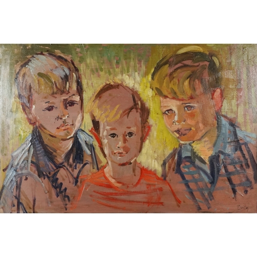 2567 - Portrait of children, English school oil on board, framed, 75cm x 50cm.
