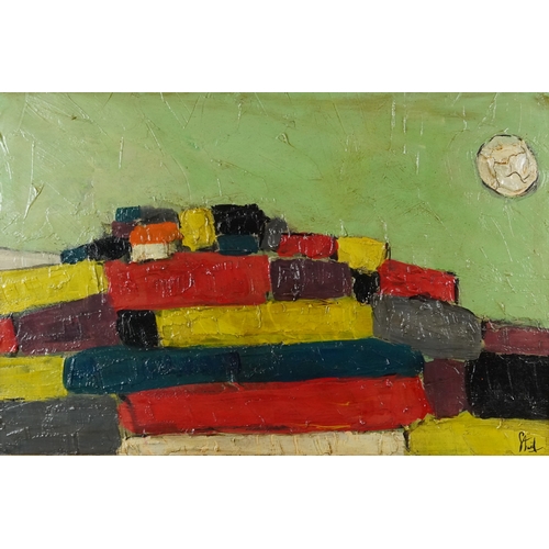 2504 - Manner of Nicolas de Staël - Abstract composition, French school oil on board, framed, 76.5cm x 50cm... 