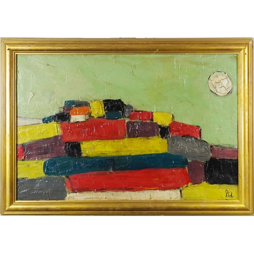 2504 - Manner of Nicolas de Staël - Abstract composition, French school oil on board, framed, 76.5cm x 50cm... 