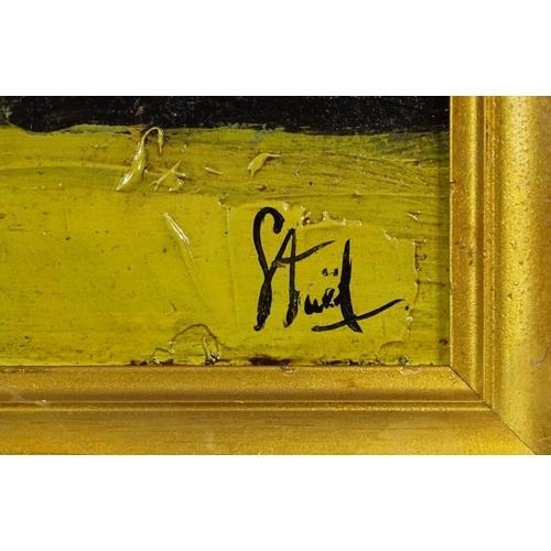 2504 - Manner of Nicolas de Staël - Abstract composition, French school oil on board, framed, 76.5cm x 50cm... 