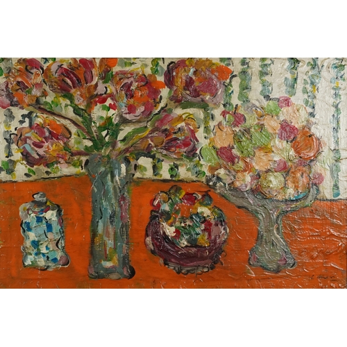2473 - Still life flowers and vases, European school oil on board, framed, 75cm x 50cm.
