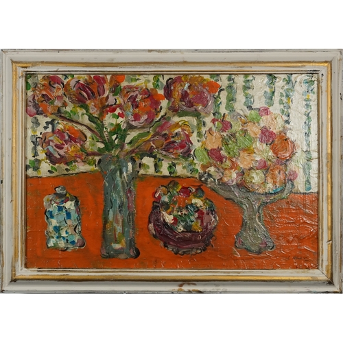 2473 - Still life flowers and vases, European school oil on board, framed, 75cm x 50cm.