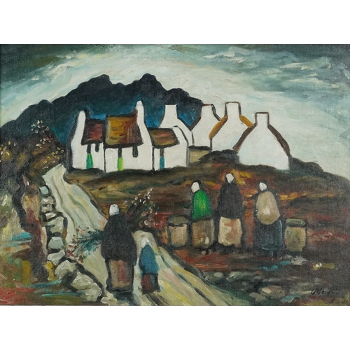 2357 - Manner of Markey Robinson - Figures before cottages, Irish school oil on board, framed, 39.5cm x 29.... 