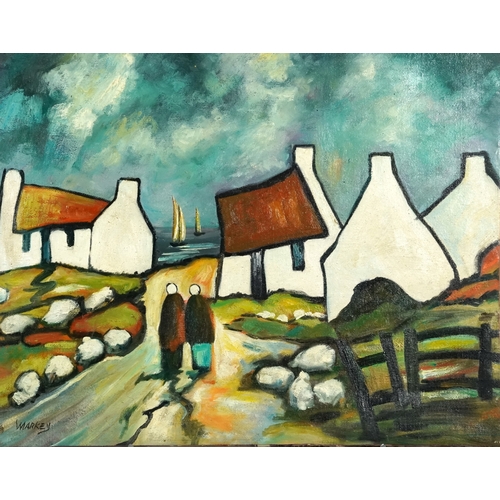 2355 - Manner of Markey Robinson - Figures walking by cottages towards the sea, Irish school oil on canvas,... 