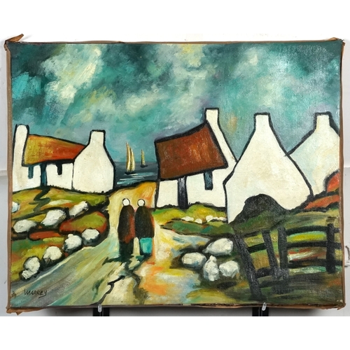 2355 - Manner of Markey Robinson - Figures walking by cottages towards the sea, Irish school oil on canvas,... 