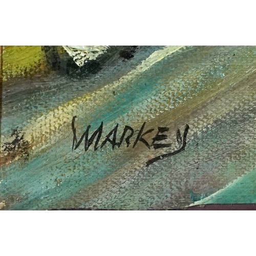 2355 - Manner of Markey Robinson - Figures walking by cottages towards the sea, Irish school oil on canvas,... 