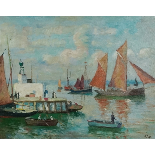 2353 - Manner of V A Park - Busy harbour scene in St. Ives, Cornwall, English school oil on board, framed, ... 