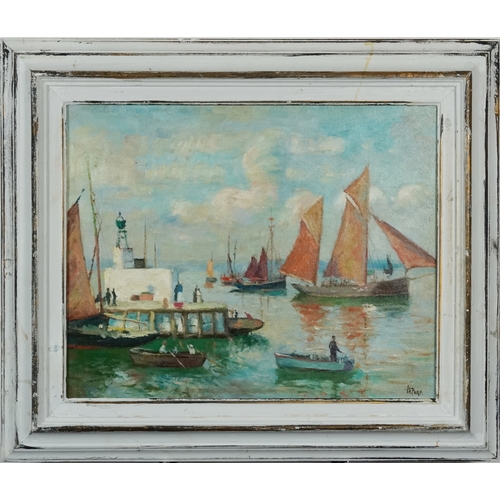 2353 - Manner of V A Park - Busy harbour scene in St. Ives, Cornwall, English school oil on board, framed, ... 