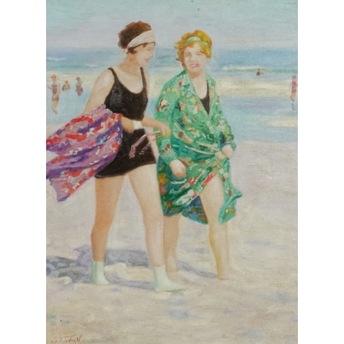 2358 - Two females walking on a beach, European school oil on board, framed, 39cm x 29cm.
