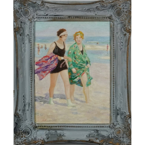 2358 - Two females walking on a beach, European school oil on board, framed, 39cm x 29cm.