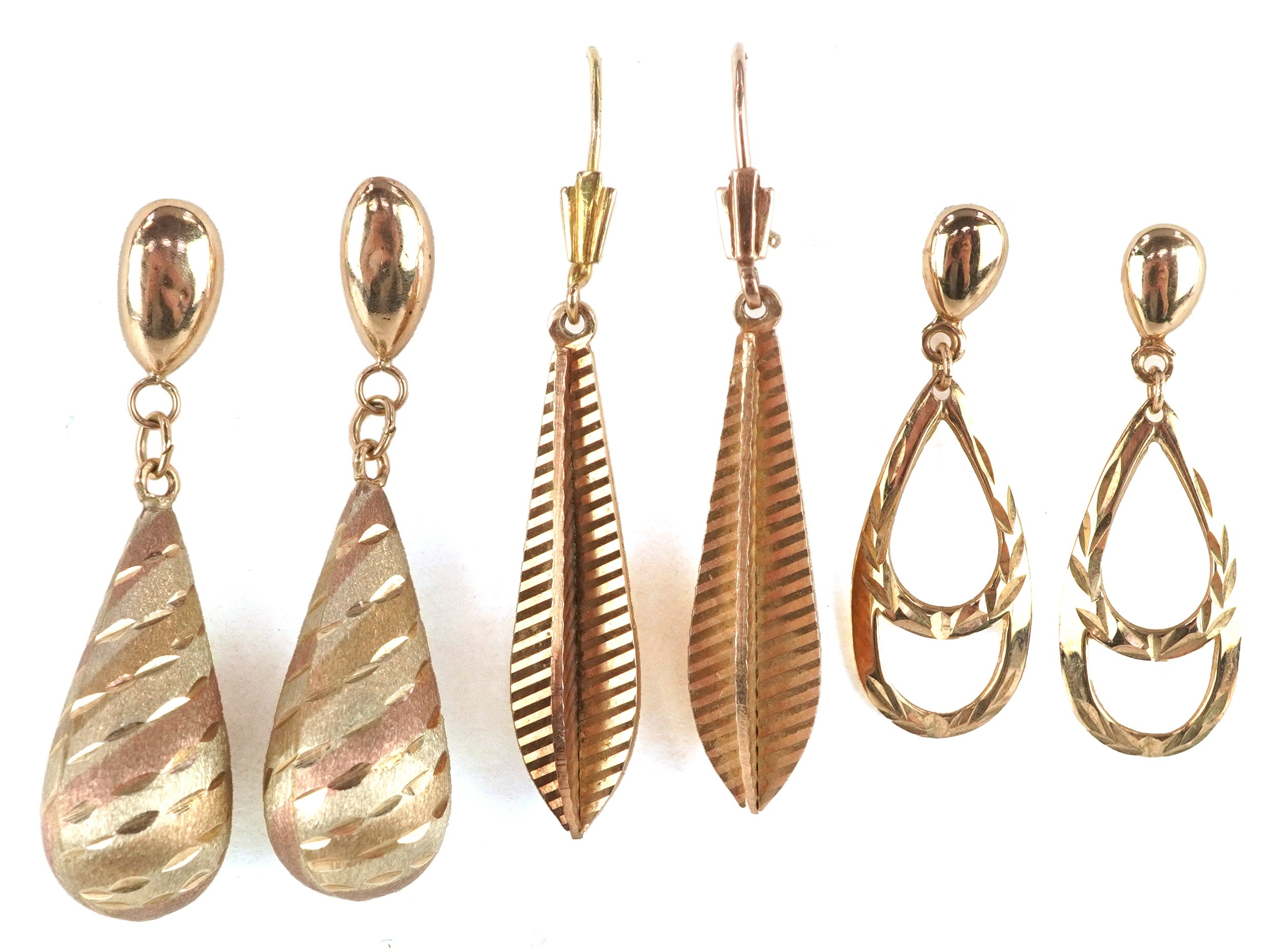 Three pairs of unmarked and 9ct gold drop earrings, the largest 2.8cm ...
