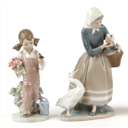 602 - Five Lladro porcelain figures including a seated girl with a goose and goslings 1267, a young girl w... 
