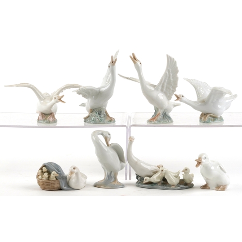 654 - Eight Lladro porcelain models of geese including A-21F and A-20N, the largest 14cm high.