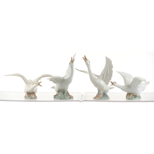 654 - Eight Lladro porcelain models of geese including A-21F and A-20N, the largest 14cm high.