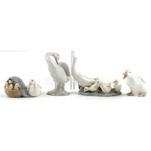 654 - Eight Lladro porcelain models of geese including A-21F and A-20N, the largest 14cm high.