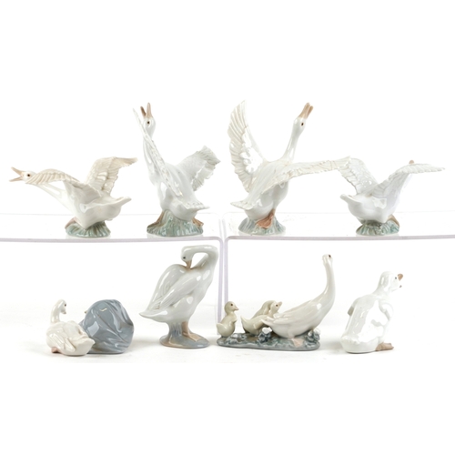 654 - Eight Lladro porcelain models of geese including A-21F and A-20N, the largest 14cm high.