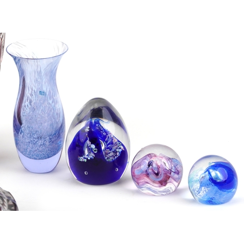 436 - Three pieces of Isle of Wight glass comprising a vase, scent bottle with stopper and a paperweight t... 