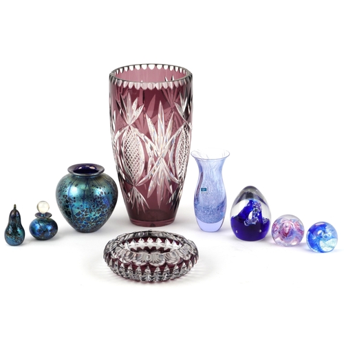 436 - Three pieces of Isle of Wight glass comprising a vase, scent bottle with stopper and a paperweight t... 