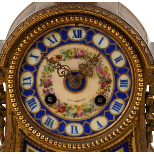 126 - A 19th century ormolu and white marble mantle clock with Sèvres style porcelain panels, the circular... 