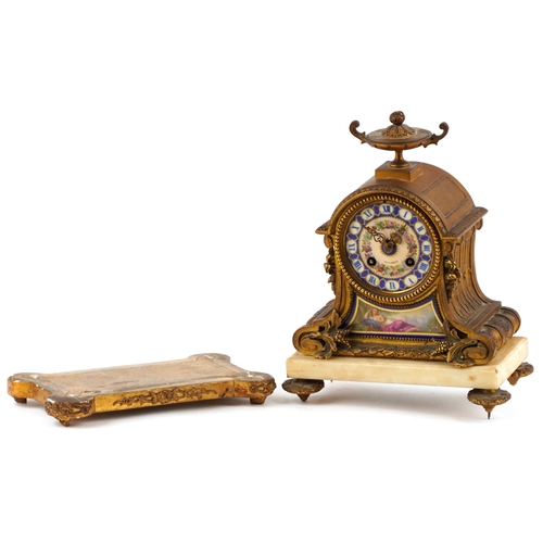 126 - A 19th century ormolu and white marble mantle clock with Sèvres style porcelain panels, the circular... 