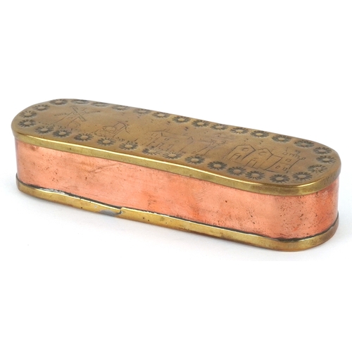 524 - An 18th century Dutch brass and copper tobacco box, the top decorated with a windmill and buildings,... 