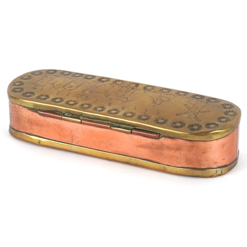524 - An 18th century Dutch brass and copper tobacco box, the top decorated with a windmill and buildings,... 