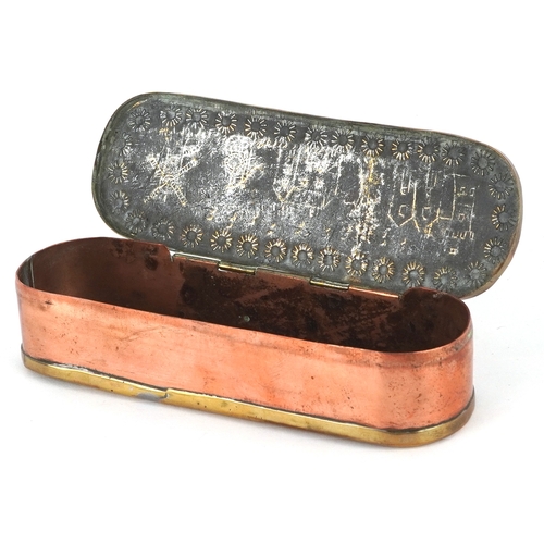 524 - An 18th century Dutch brass and copper tobacco box, the top decorated with a windmill and buildings,... 