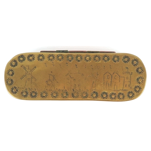 524 - An 18th century Dutch brass and copper tobacco box, the top decorated with a windmill and buildings,... 
