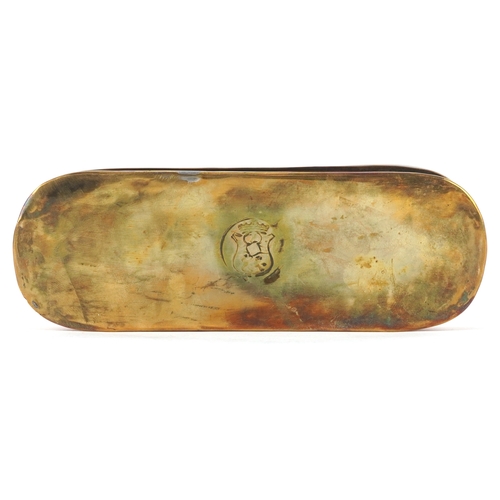 524 - An 18th century Dutch brass and copper tobacco box, the top decorated with a windmill and buildings,... 