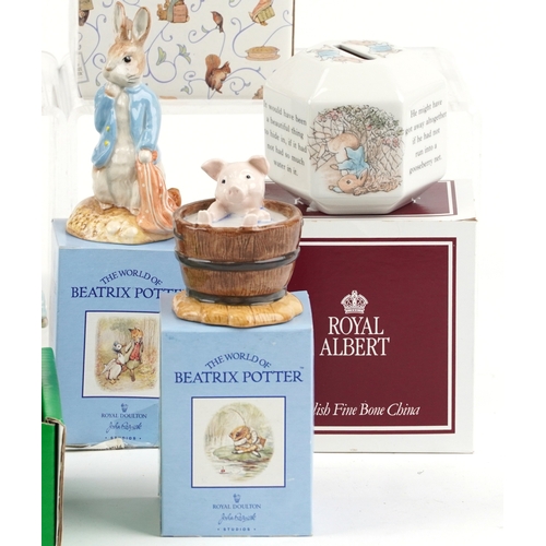 614 - Beatrix Potter collectables, mostly with boxes, including Wedgwood, Beswick and Royal Albert, the la... 