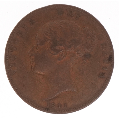 1156 - A Queen Victoria 1841 copper penny, no colon after reg. and far colon after DEF, very fine condition... 