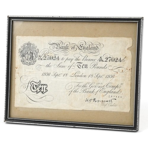 1194 - A 1936 Bank of England seated Britannia white ten pound note dated September 18th London 1936, Chief... 