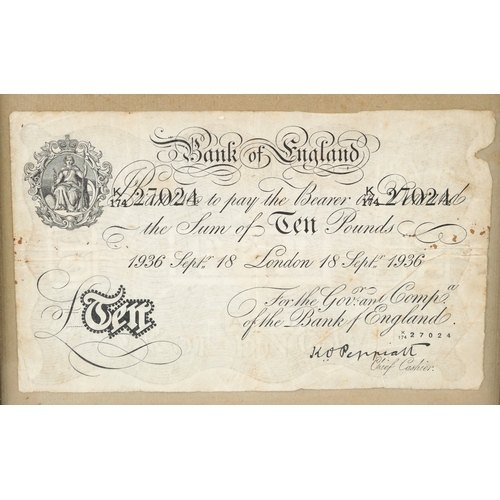 1194 - A 1936 Bank of England seated Britannia white ten pound note dated September 18th London 1936, Chief... 