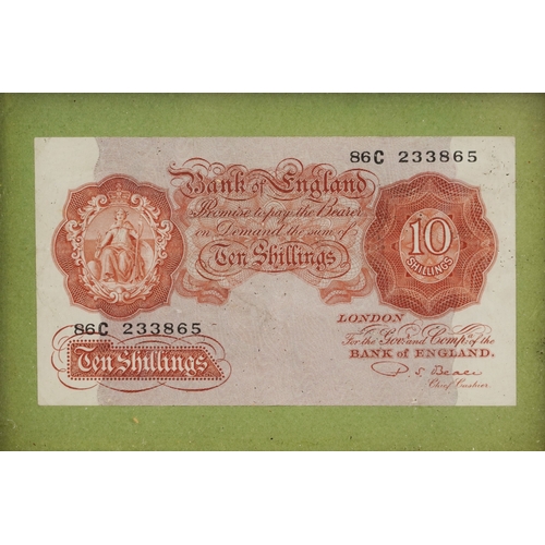 1215 - Three Bank of England seated Britannia 1950s to include 2 red-brown ten shillings notes and a one po... 