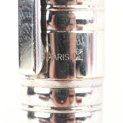 78 - An S T Dupont silver plated fountain pen with 18ct gold nib and box, 14cm in length.