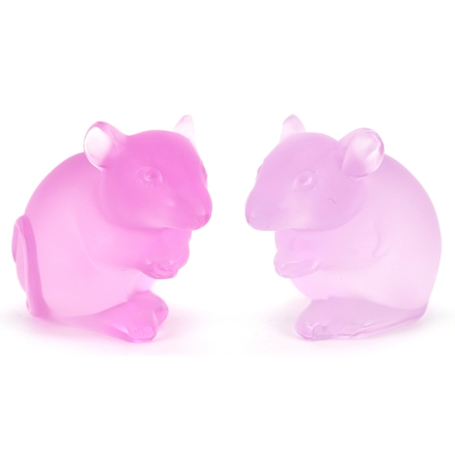  Two Lalique pink frosted glass mice, each etched Lalique France, numbered P062269 G49 and P062268 H2... 