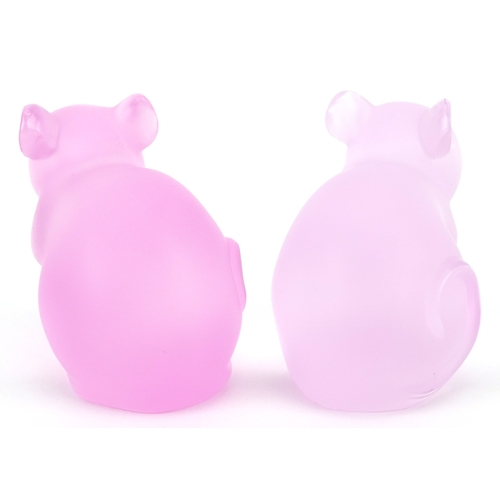  Two Lalique pink frosted glass mice, each etched Lalique France, numbered P062269 G49 and P062268 H2... 