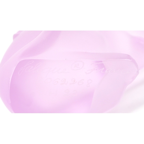  Two Lalique pink frosted glass mice, each etched Lalique France, numbered P062269 G49 and P062268 H2... 