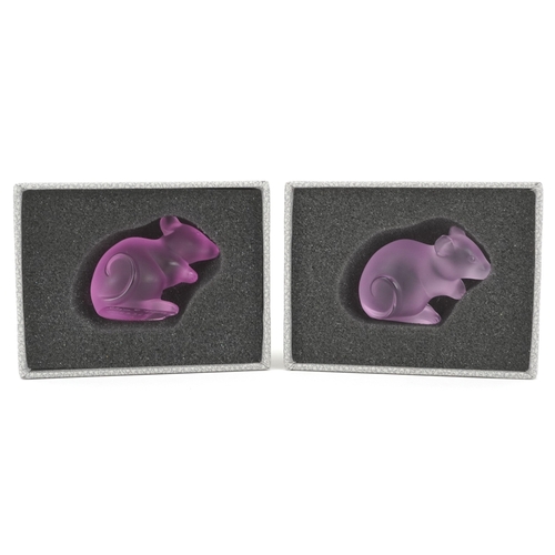  Two Lalique pink frosted glass mice, each etched Lalique France, numbered P062269 G49 and P062268 H2... 