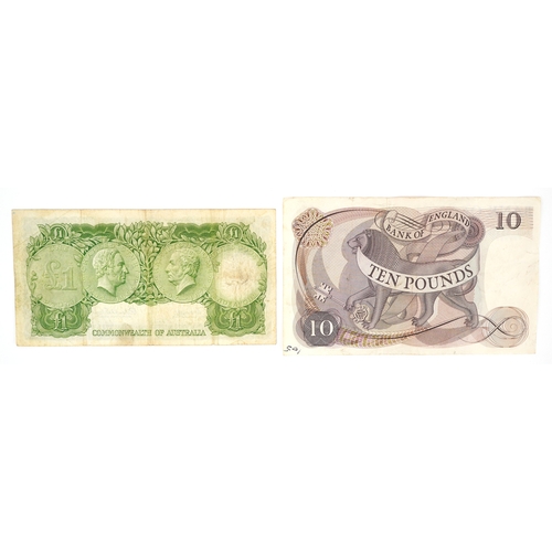 1185 - Two vintage Queen Elizabeth II banknotes including a 1950s Commonwealth of Australia one pound note ... 