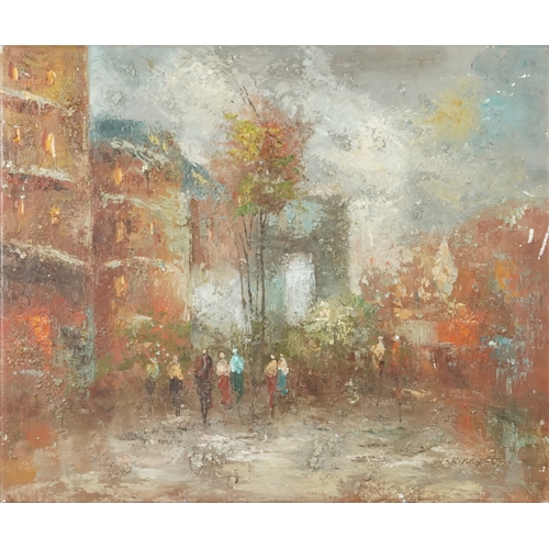 2352 - W. Kirey - Figures on a street, 20th century Impressionist school oil on canvas, signed, unframed, 5... 