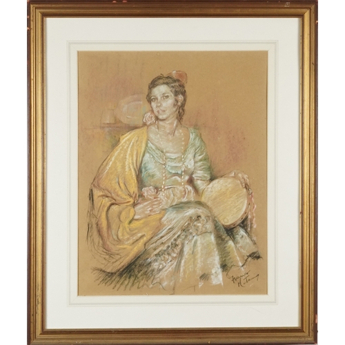 2257 - Franco Matania - Full length portrait of a seated lady with a tambourine, 20th century continental s... 