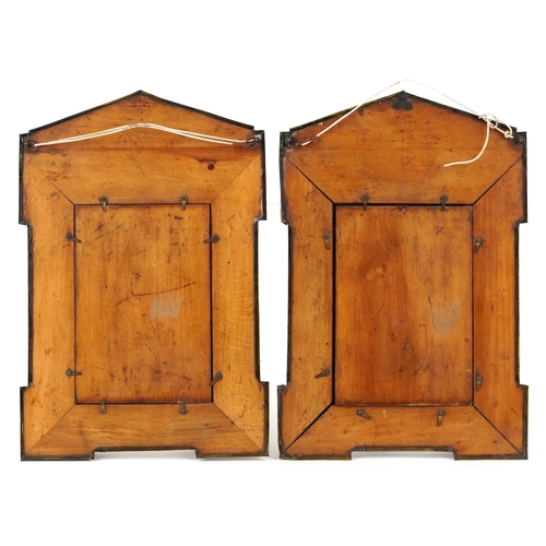 1446 - A pair of 19th century pressed brass girandole wall mirrors with embossed decoration, 38cm x 26cm.