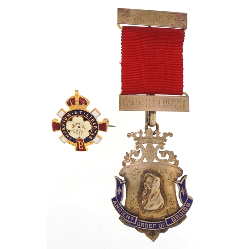 1348 - An Ancient Order of the Druids silver and enamel jewel presented to Bro. F T James 1910 and a Primro... 