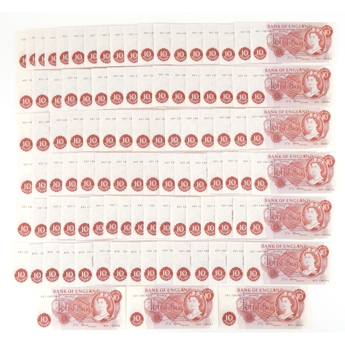 A large quantity of 1960s uncirculated ten shilling notes, Chief Cashier J. S. Fforde, prefix and se... 