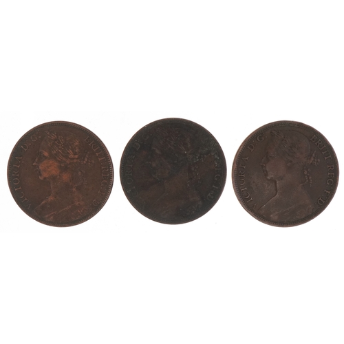 1160 - Three Queen Victoria bronze pennies, dates to include 1882 H, condition very fine, 1884 in very fine... 
